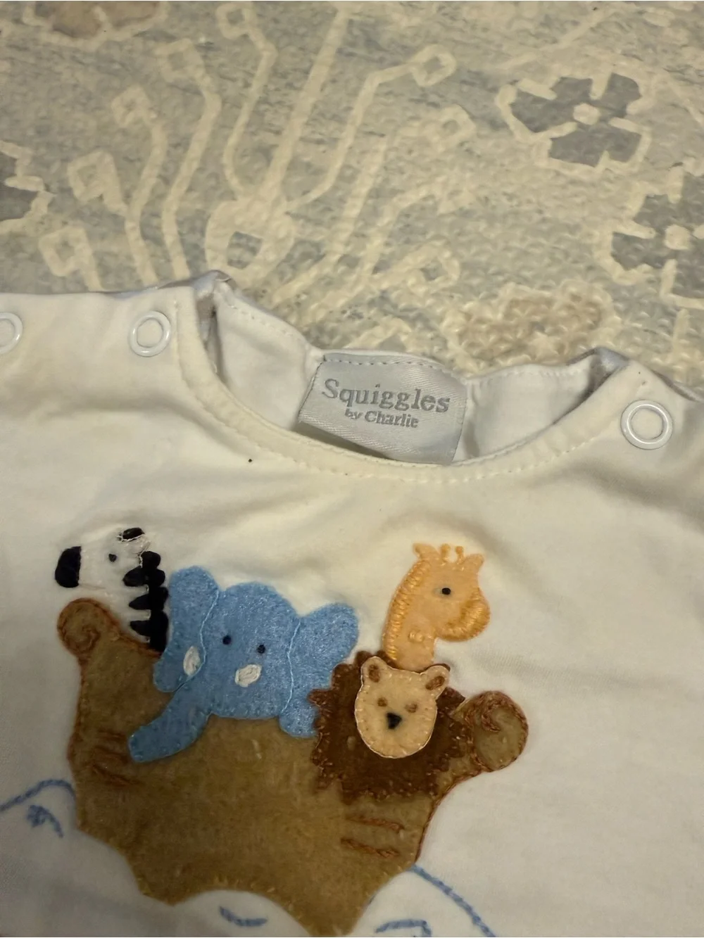 Striped Blue & White Baby One-Piece Bodysuit with Animal Applique